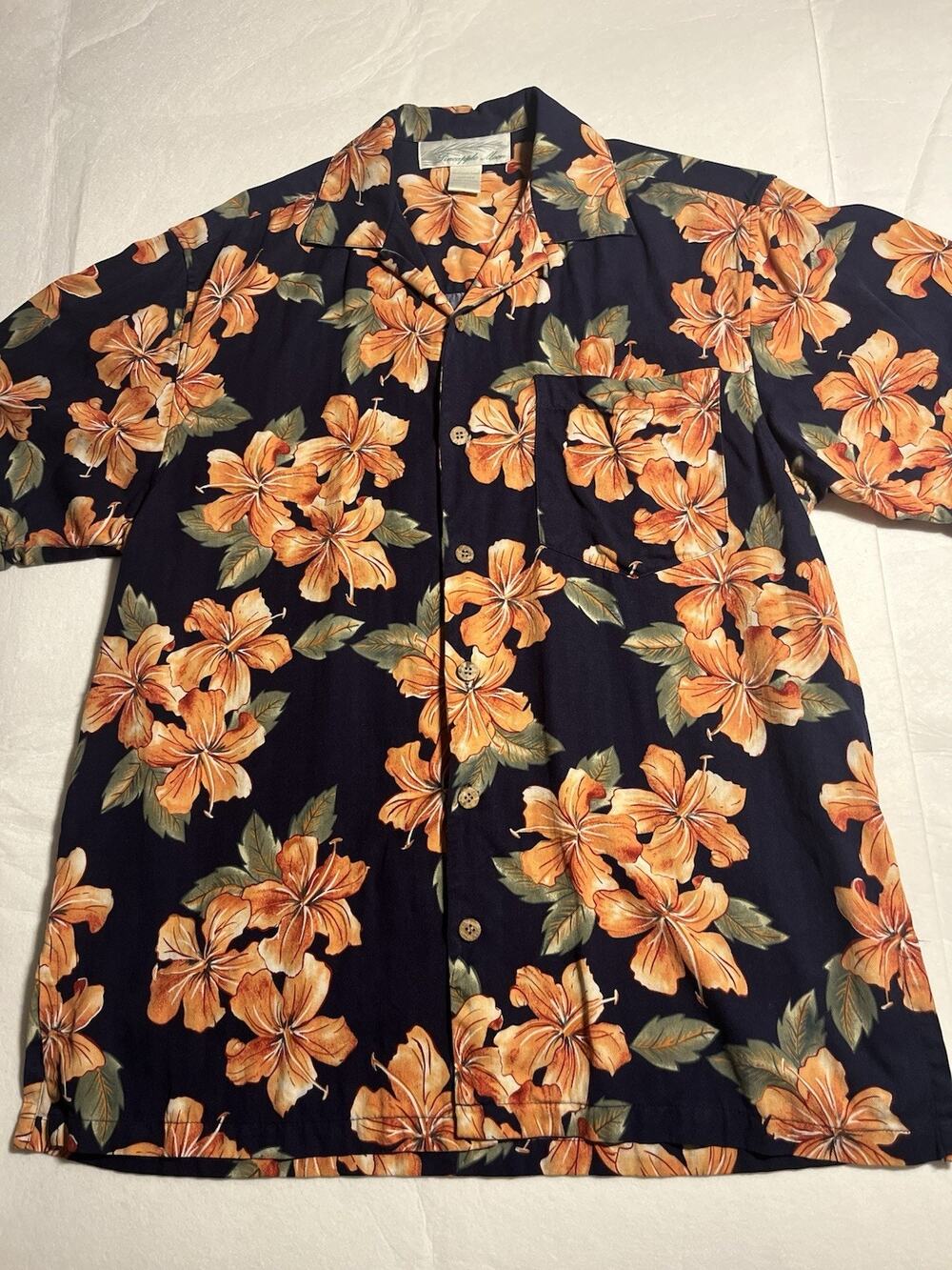 Vintage Freestyle Moon Mens M Hawaiian Shirt Hibiscus Floral Aloha Navy Orange